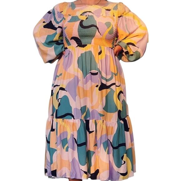 Eloquii Printed Puff Sleeve Off Shoulder Smocked Bodice Maxi Dress Size 24 - Picture 1 of 9